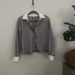 Ann‎ Taylor Weekend Striped Cotton Blend Collared Boxy Poplin Shirt Blue M